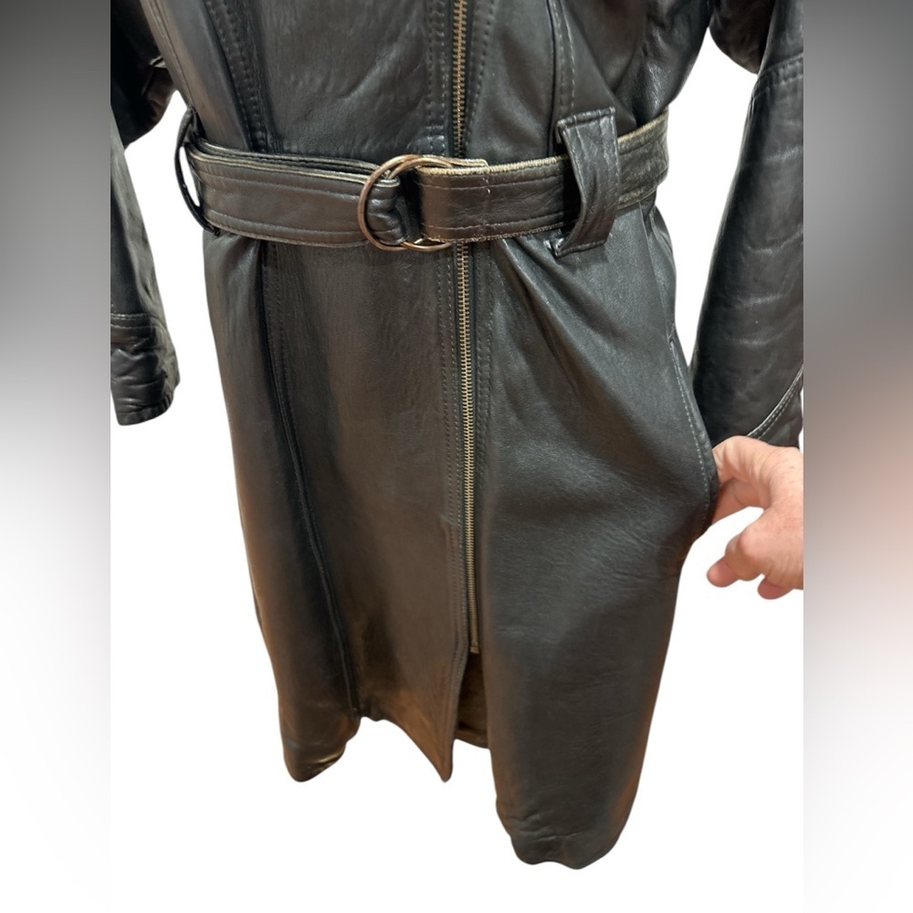 BLACK LEATHER BELTED GRUNGE PUNK GOTH TRENCH COAT FRENCH VERSION FRANCAISE SZ L - Picture 9 of 17